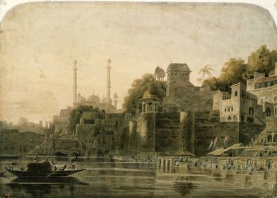 Badsessie bij de Ghat aan de Ganges door William Daniell